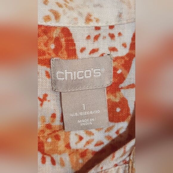 Chico's 1/M Orange White Paisley Print 100% LINEN 3/4 Slv 1/2 Button Women's Top - Picture 7 of 12